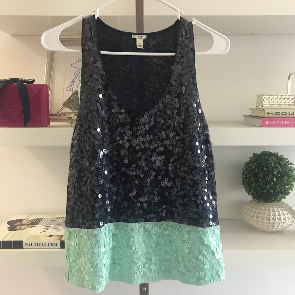 J.Crew Two-Tone Colorblock Navy Blue Sequin Tank Top